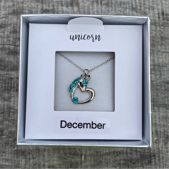 Jewelry - December turquoise blue and silver heart unicorn necklace